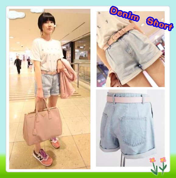 Cheap Price New Design Roll Up Hem Light Color Pleated High Waist Denim Shorts With light pink belt free shipping