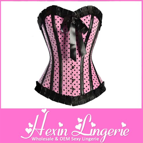 Cheap Wholesale Sapmle Price Promotion!Pink 2PC Dot Corset  With Satin Bows LB4332  Size S M L XL 2XL