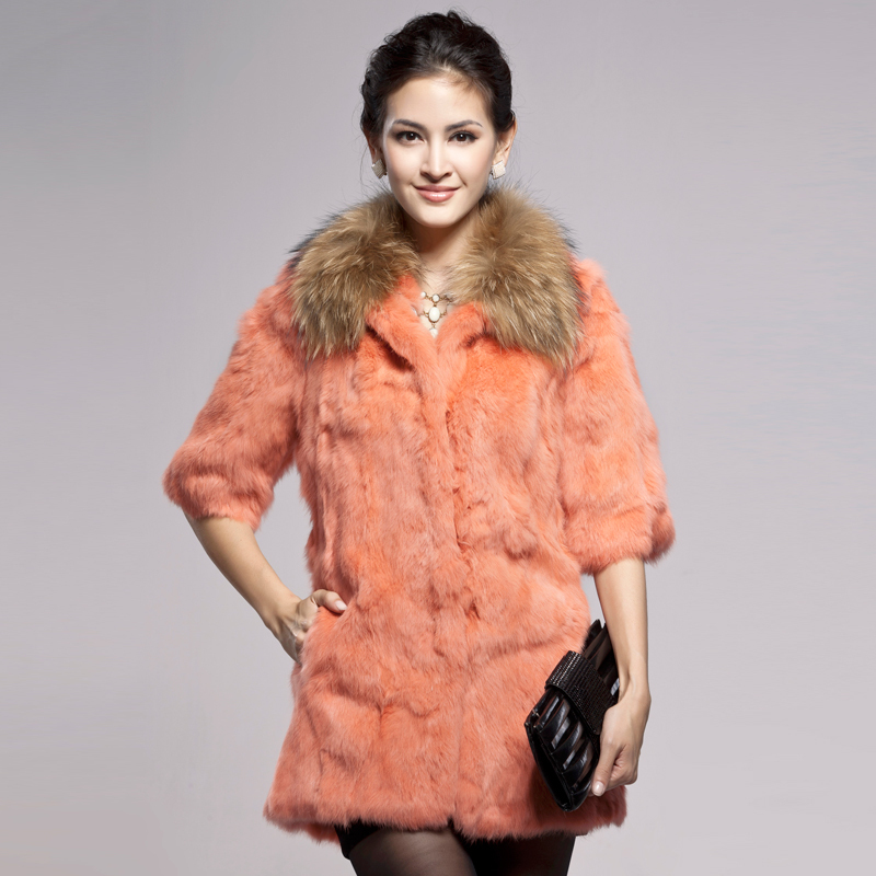 Cheapest!! Promotional Rabbit fur coat 2012 raccoon fur neck simple but elegant medium-long ladies fur garment free shipping