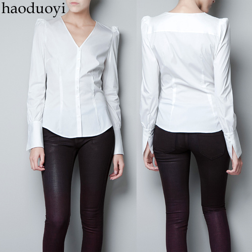 Cherry In The Eden, Free Shipping, deep V-neck shoulder width cuff white nylon elastic long-sleeve shirt blouse