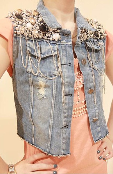 Cherry In The Eden Free Shipping denim vest fashion beading paillette sleeveless vest