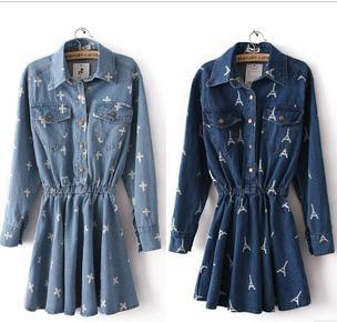 Cherry In The Eden, Free Shipping,Eiffel Tower and cross printing denim dress.Casual dress