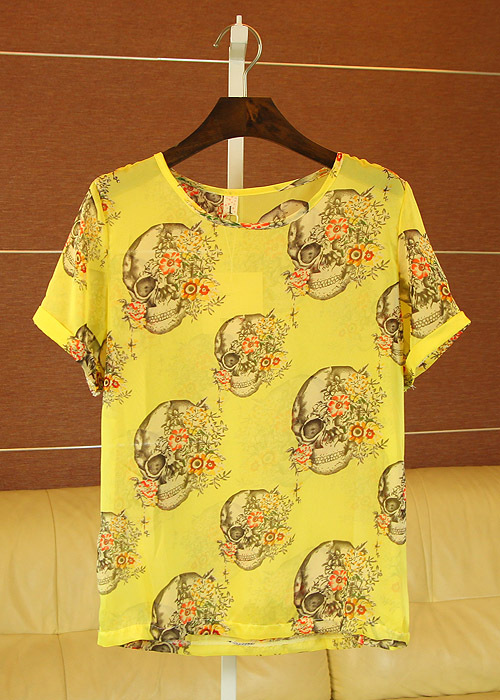 Cherry In The Eden, Free Shipping, fashion ladies skull chiffon shirt 3 flower