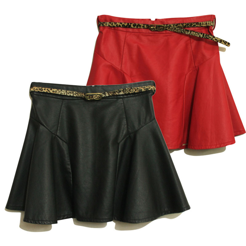 Cherry In The Eden Free Shipping leather bust skirt a-line skirt high waist puff skirt leather skirt with belt