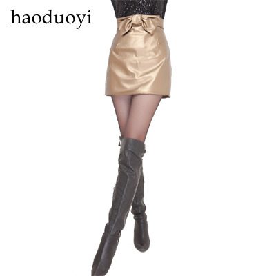 Cherry In The Eden, Free Shipping, Metal color sweet bow slim hip short skirt leather skirt