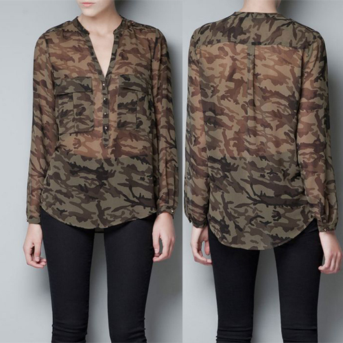 Cherry In The Eden, Free Shipping, military Camouflage half open front shirt rivet button epaulette chiffon shirt