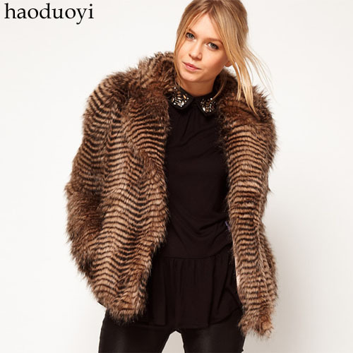 Cherry In The Eden, Free Shipping, Stripe fur long-sleeve turn-down collar overcoat color block decoration fur coat plus size