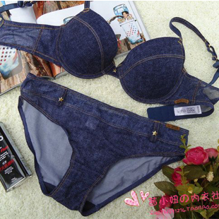 Cherry la senza denim sexy push up bra set