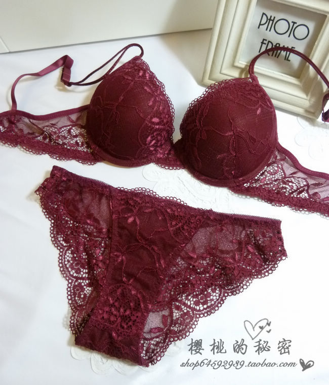 Cherry noble claretred sexy lace underwear push up bra set