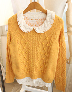 Cherry princess wool blending three-dimensional hair ball twist o-neck sweater free shipping