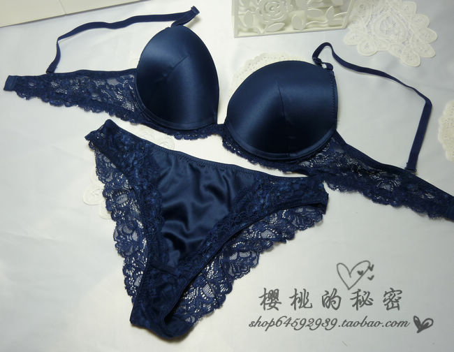 Cherry underwear silk glossy blue black color sexy push up bra set