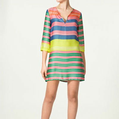 CHIC 3/4 SLEEVE V-NECK MULTICOLOR STRIPE TUNIC DRESS 3386