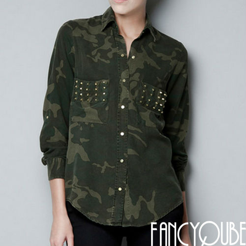 CHIC Camouflage STUDS POCKET Decoration LONG SLEEVE SHIRT WF-3689