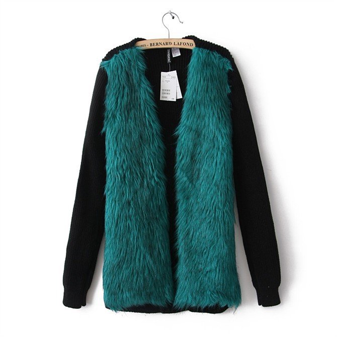 Chic Faux Fur Coats V-neck Long Sleeves Blue Black Knitwear Brand Sweater Casual Jackets Winter Women Coat Fashion Tops