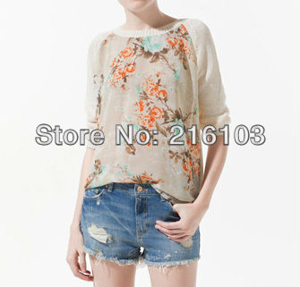 Chic Sheer Floral Prints Crew Neck Long Sleeve Knitwear Jumper NO.0053