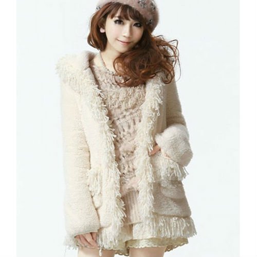 CHIC WOMENS FRINGE HOODED COAT WITH POCKET BEIGE F 3581