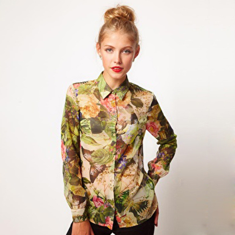 Chiffon flower butterfly print  turn down collar long sleeves women shirt blouse fashion/1 piece Free shipping/ DT201