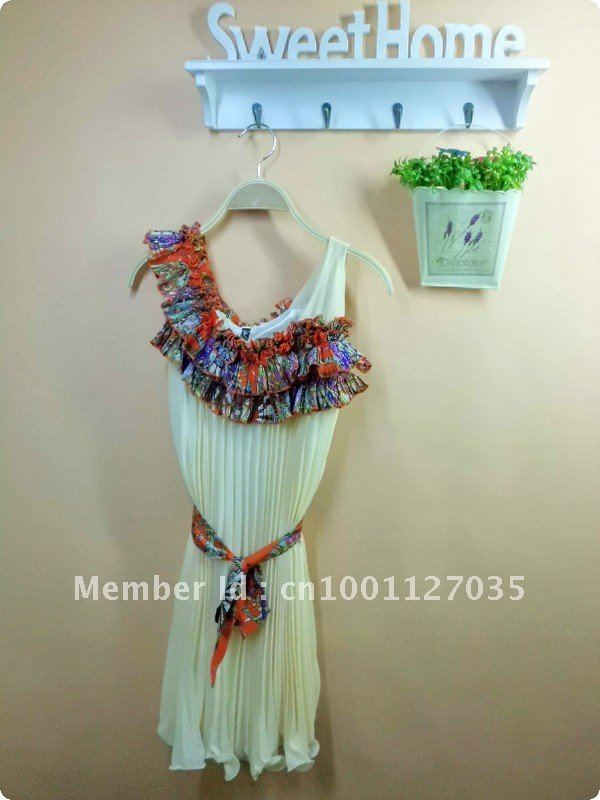 Chiffon Knee-length ruffles neck one shoulder flowers 2012 popular hot sleeveless women dresses w/ Sashes Free Shipping