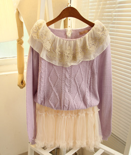 Chiffon lace decoration ruffle large lapel twisted long-sleeve pullover sweater free shipping