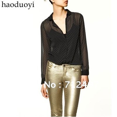 chiffon long sleeve shirt with polka dot style free shipping for epacket and china post air mail