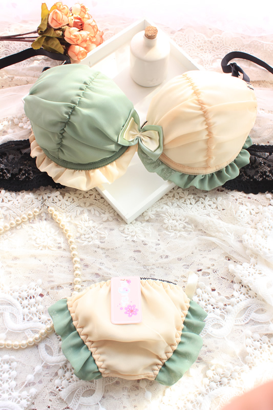 Chiffon mandarin duck cup glossy 3 breasted side gathering bow women's push up underwear bra set