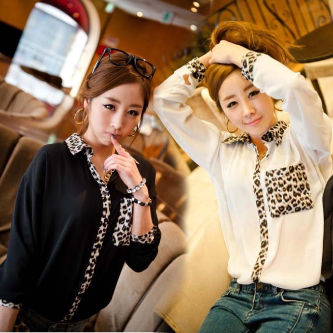 Chiffon OL fashion leopard print pocket transparent shirt Korea style leisure autumn blouses SY0052 black white