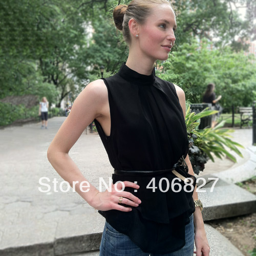 chiffon shirt simple blouses  upper outer garment small stand-collar jacket sleeveless tops 108a001