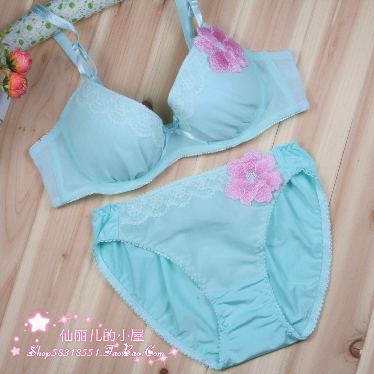 Chiffon women's underwear bra set single flower embroidery push up lingerie m