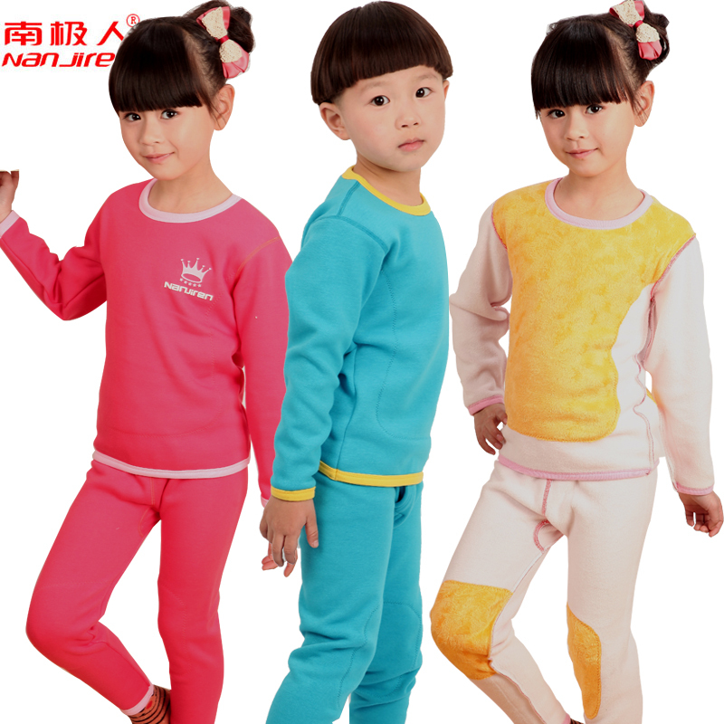 Child double layer plus velvet thickening golden flower thermal underwear male female child set winter sleepwear