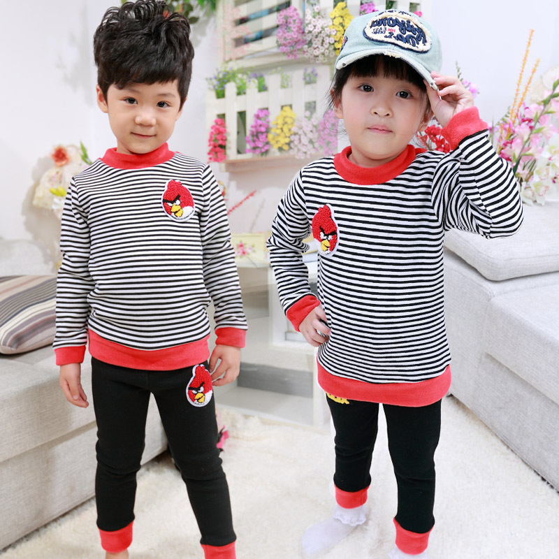 Child thickening underwear set male female child thermal underwear stripe basic shirt thickening