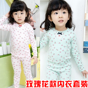 Children's clothing child female child spring and autumn knitted rose underwear set lounge sleep set n0354