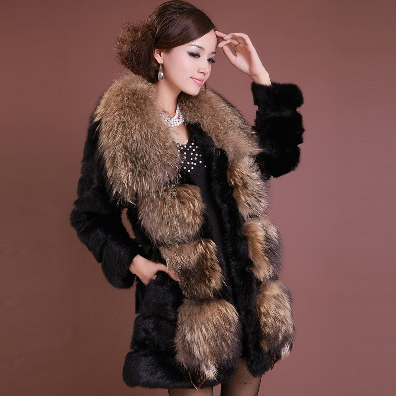 China haining 2013 fashion winter rabbit fur coat ,women's medium-long large raccoon fur coat jacket ,women winter clothes