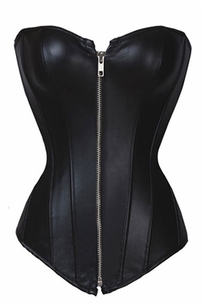 China Post Free Shipping! Black Plus Size PVC Leather Long Line Zipper Overbust Corset 1166A