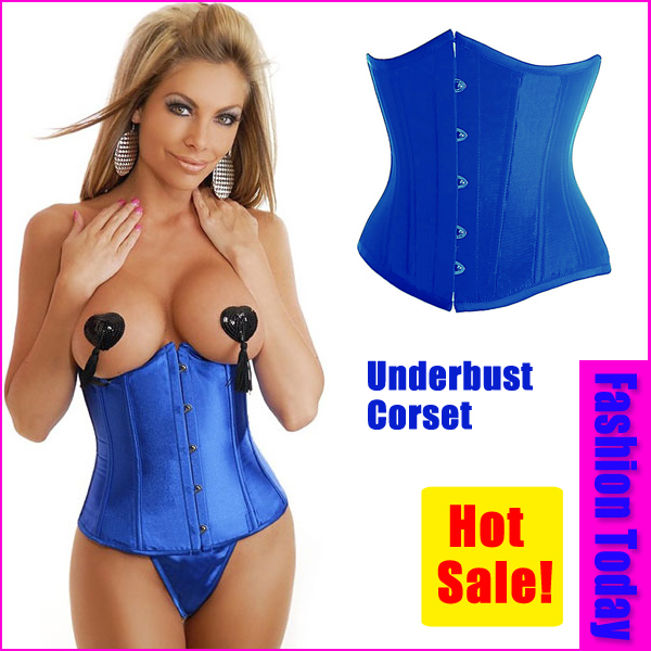 China Post Free Shipping New Sexy Blue Brocade Curved Top Waist Underbust Corset 4027Blue S M L XL