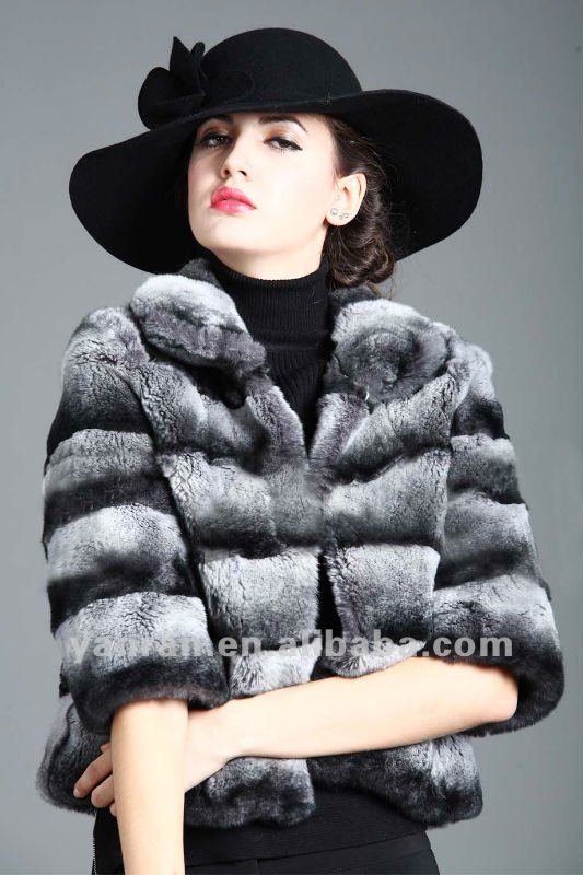 Chinchilla color genuine rex rabbit fur jacket half sleeve YR-415 ~wholesale~retail~OEM~Drop shipping