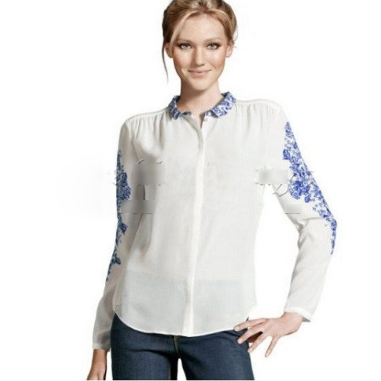 Chinese style Blue and white Porcelain Retro Print Chiffon Shirts Women long sleeved 9081