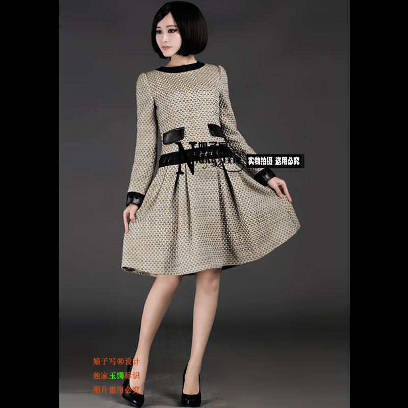 Chinese style new classic wool tweed fabric leather spring and autumn long-sleeve dress