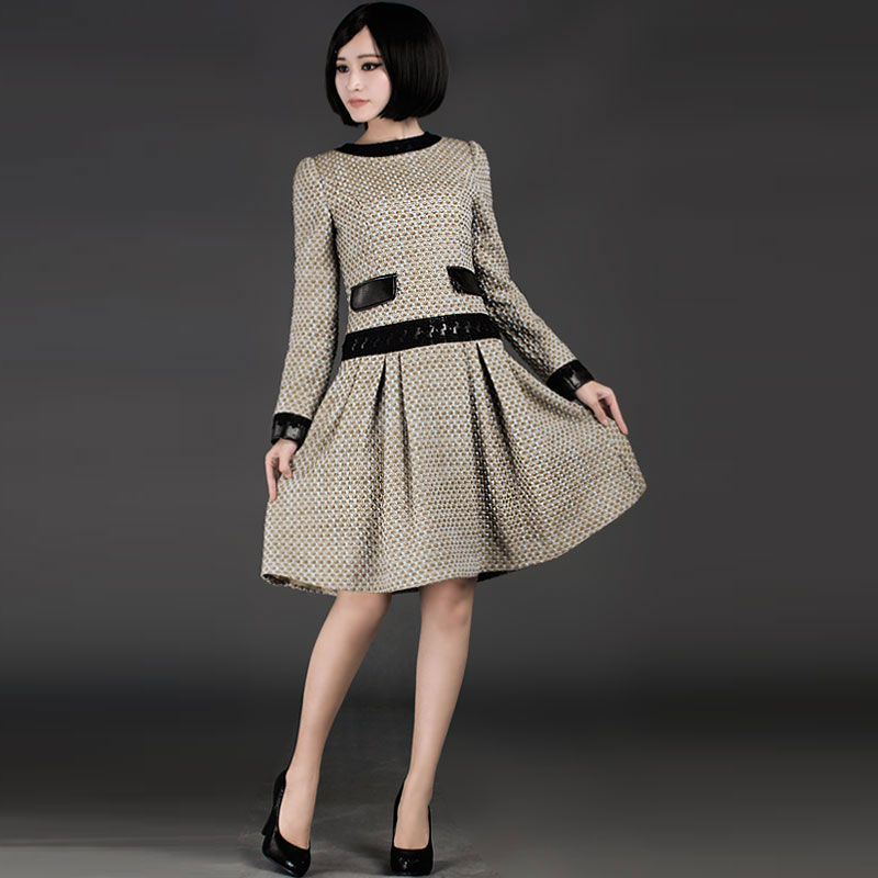 Chinese style new classic wool tweed fabric leather spring and autumn long-sleeve dress