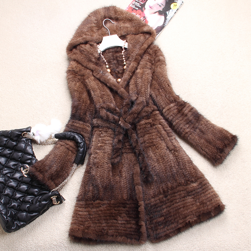 Chopop Mink knitted fur coat long design mink clothes fur overcoat hooded women's OEM Wholesale Price