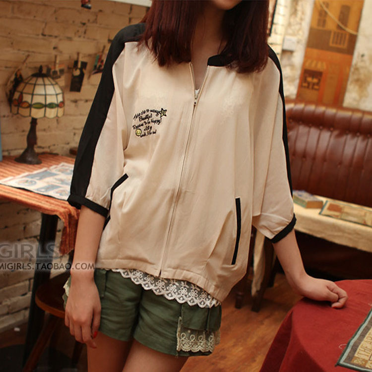 Christmas Free Shipping 2012 autumn embroidery letter chiffon color block cardigan thin outerwear baseball uniform female