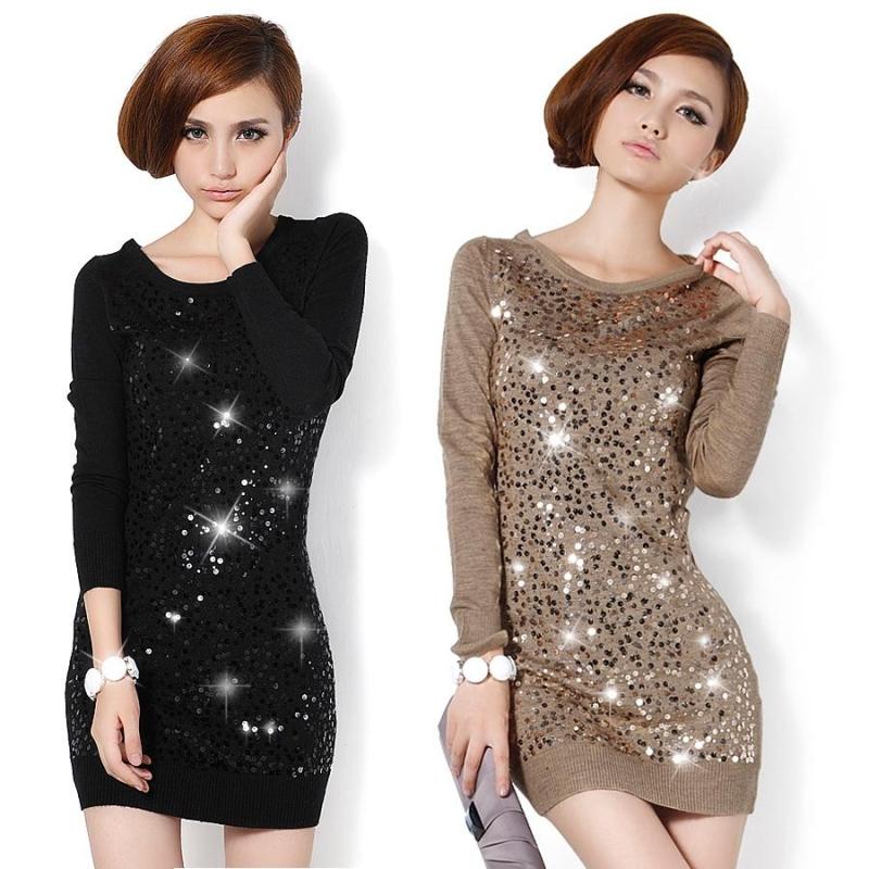 Christmas free shipping 2013 autumn/winter Kroean paillette long slim knitted pullover women dress sweaters 3078XIAOFANG