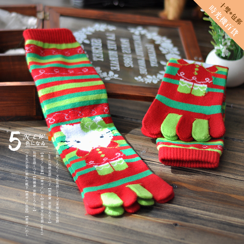 Christmas red and green stripe kitty Cotton Five Fingers Toe Socks 5 fingers socks Stockings Free Shipping