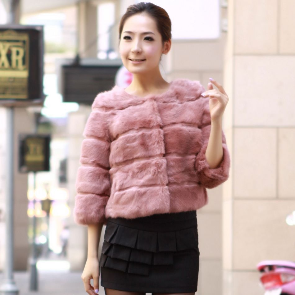 Chromophous 2012 o-neck full leather rabbit fur coat short design female