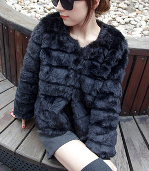 Chromophous chili paragraph ladies gentlewomen popper o-neck all-match faux rabbit fur shaggier short design outerwear