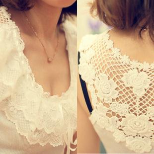 Chromophous women's female sweet back cutout lace pure cotton vest ruffle