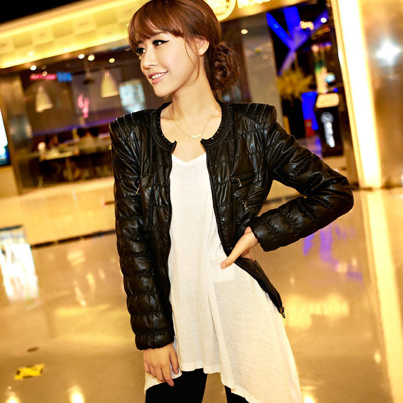 Chromophous women's small leather clothing female long design slim PU cotton-padded jacket