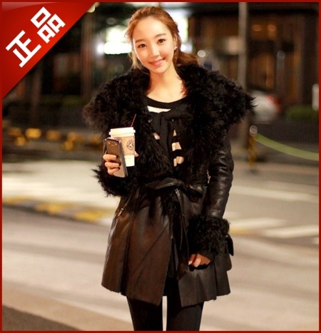 Chuu ultralarge sheep turn-down collar PU lacing fur one piece fur coat