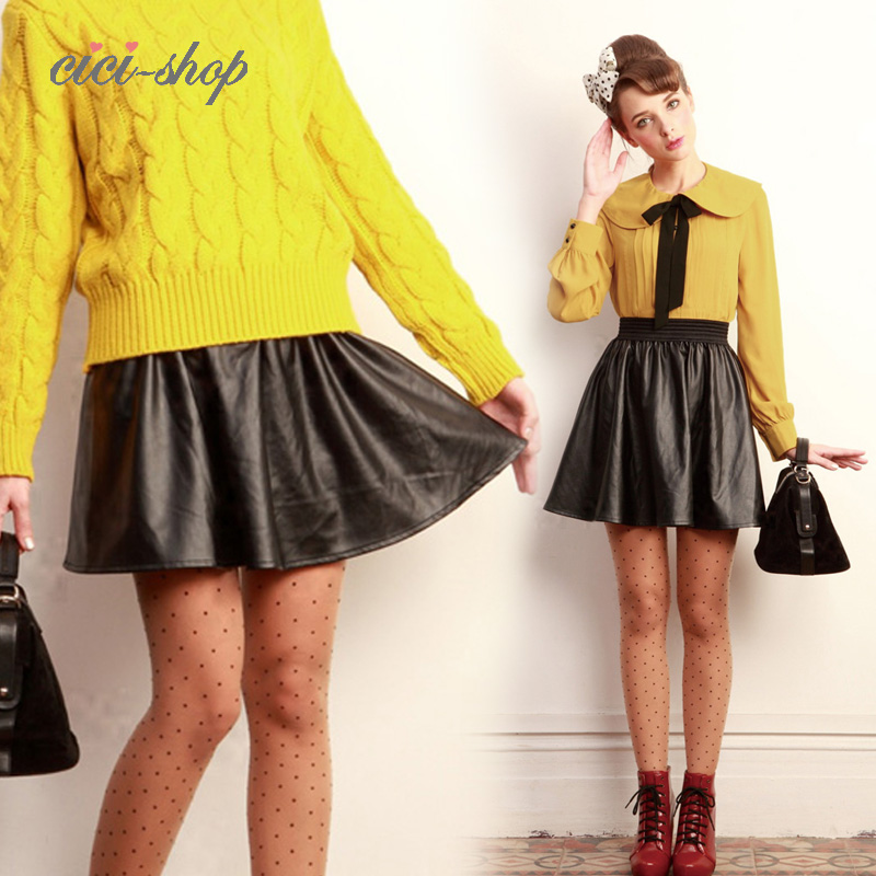 Cici-shop2013 spring sweet high waist slim black leather skirt a-line skirt bust skirt female 2809