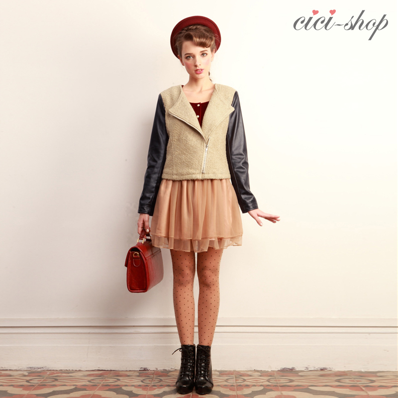 Cici-shop2013 spring sweet o-neck zipper handsome leather design long-sleeve short outerwear 2677