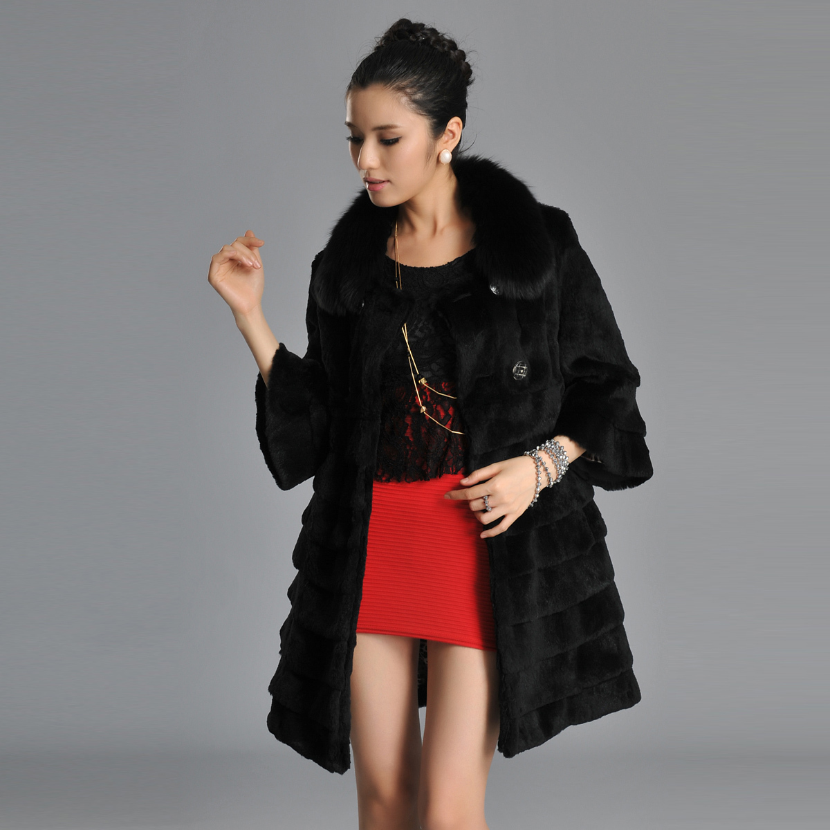 Cikk fur noble fox o-neck fashion rabbit fur wool women's leather coat